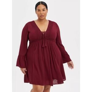 [Torrid] Burgundy Maroon Red Crinkle Gauze Lace Up Skater Boho Mini Dress Sz 1X